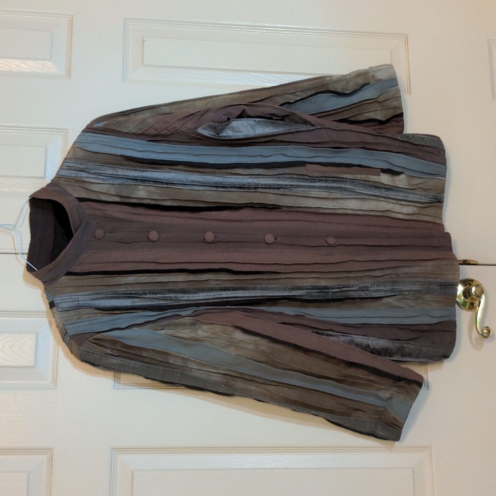 Hulda Bridgeman EUC artsy texture striped jacket medium brown grey tan